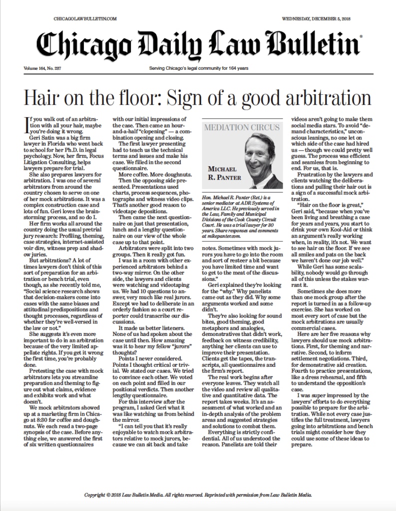 Chicago Daily Law Bulletin - Hair on the Floor: Sign of a Good Arbitration